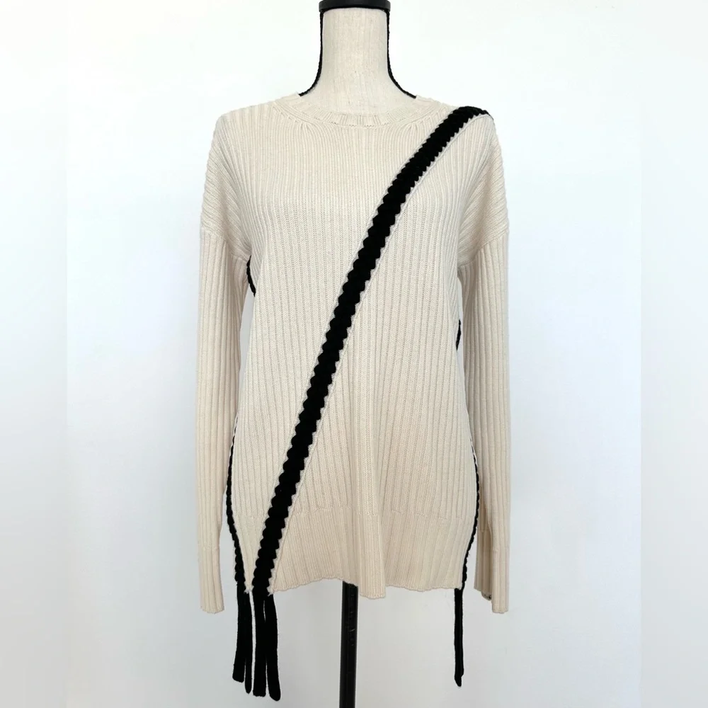 Derek Lam 10 Crosby Ribbed Wool Crewneck Sweater with Braided Detail in Ivory